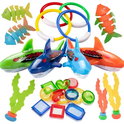  UNEEDE 26PCS Diving Pool Toys Underwater Swimming Pool Toys Including (4) Diving Rings (4) Toypedo Bandits (3) Stringy Octopus (3) Diving Fish and (12) Treasures Gift Set for Kids,