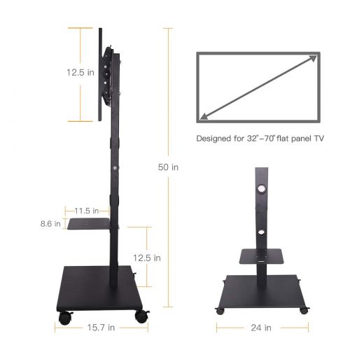  UNHO unho Mobile TV Cart Adjustable Home Display Trolley with Two Shelves Free HD Cable for 32-70 Plasma/LCD/LED (Black)