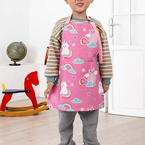  [아마존베스트]UNICA Toddler Apron with Pocket for Everyday Use, Durable Polyester Chef Apron for Toddler Girls in Pretend Kitchen, Cat on Rainbow