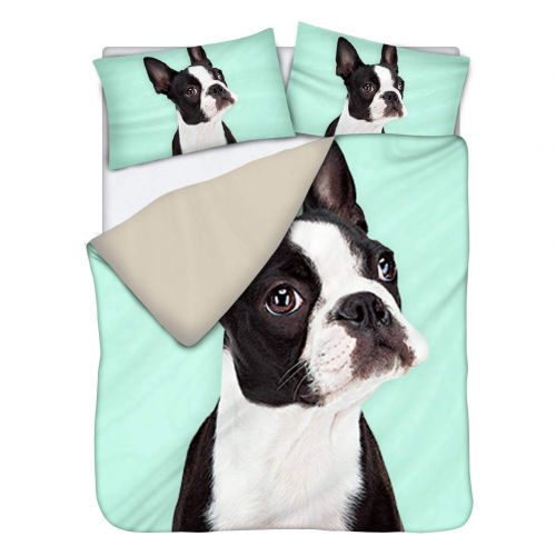  UNICEU Boston Terrier Green Bedding Set 3D Animal Dog Print Bedspread for Kids Boys Teens Bedroom Pillowcase + Duvet Cover 3 Pieces (Twin, Beige)