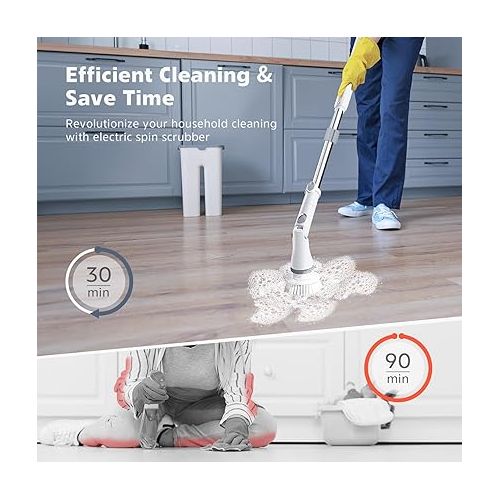  2024 Update Electric Spin Scrubber, Cordless Cleaning Brush with 6 Replaceable Cleaning Heads, 2 Rotating Speeds, Power Shower Scrubber for Home,Bathroom,Tub, Tile, Floor (White)
