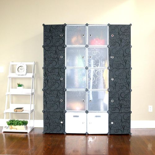  UNICOO - Multi Use DIY Plastic 20 Cube Organizer, Bookcase, Storage Cabinet, Wardrobe Closet Black with Black + White Door (Deeper Cube)