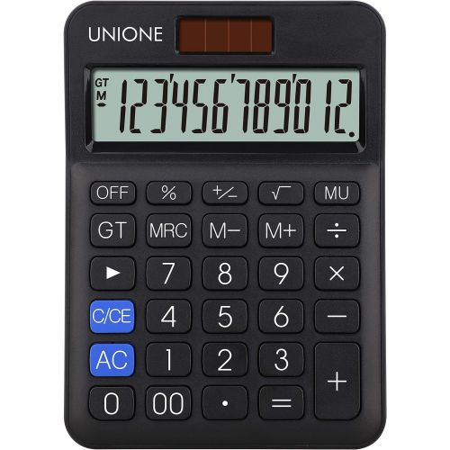  UNIONE Black Calculator with a Bright LCD, Dual Power Handheld Desktop. Color. Business, Office, High School