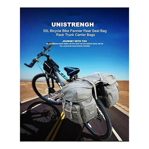  UNISTRENGH 50L Bike Panniers Bicycle Commuting Bag Waterproof Saddle Bags with Rain Cover for Bicycle Rear Rack Carrier (Grey)