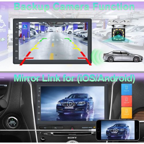  UNITOPSCI 7 Inch Android Car Stereo Double Din GPS Navigation Stereo Car Radio with WiFi Bluetooth HD Touch Screen 12 LEDs Backup Camera, FM Radio Receiver,Support Dual USB SWC Mir