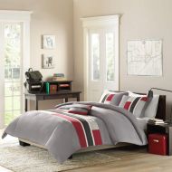 UNK 4pc Full Queen Grey Red Striped Comforter Set, Vibrant Colorful Bedding Boys, Geometric Pattern Gray Rugby Stripes, Modern Circuit Design, Rectangle Blocks Patchwork White Black