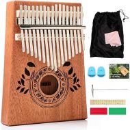 Kalimba 17 Key Thumb Piano, Portable Mahogany Mbira Finger Piano with Instruction, Carrying Bag, Tune Hammer, Reduce Stress, Gift for Well-being for Kids, Adults, Men, Music Lovers- Light Brown
