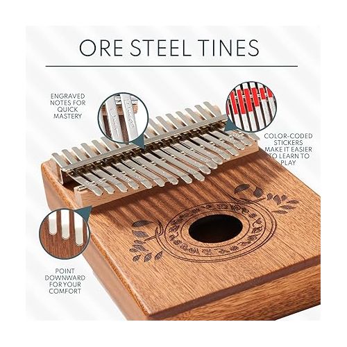  Kalimba 17 Key Thumb Piano, Portable Mahogany Mbira Finger Piano with Instruction, Carrying Bag, Tune Hammer, Reduce Stress, Gift for Well-being for Kids, Adults, Men, Music Lovers- Light Brown