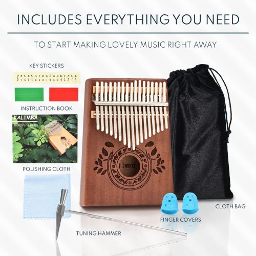  [아마존베스트]UNOKKI Kalimba 17 Keys Thumb Piano with Study Instruction and Tune Hammer, Portable Solid African Wood Finger Piano, Gift for Kids Adult Beginners (Chocolate Brown).