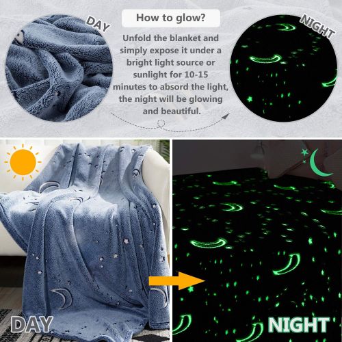  [아마존베스트]UNUN Glow in The Dark Throw Blanket, Moon and Stars Soft Warm Cozy Fuzzy Plush Blanket for Kids Teenage Boys Girls Women Best Friend Birthday Christmas (50 x 60 inches Blue)