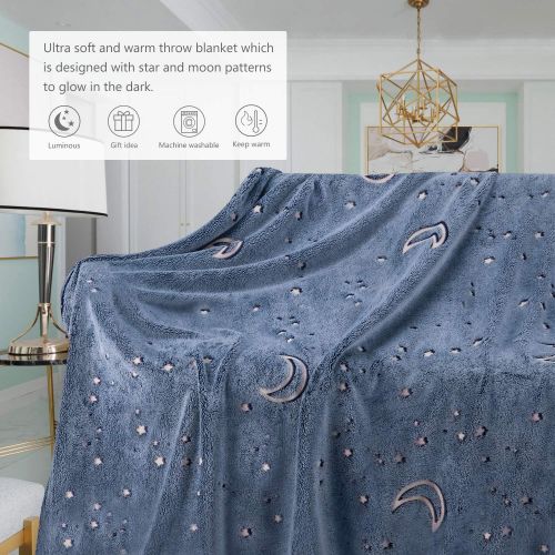  [아마존베스트]UNUN Glow in The Dark Throw Blanket, Moon and Stars Soft Warm Cozy Fuzzy Plush Blanket for Kids Teenage Boys Girls Women Best Friend Birthday Christmas (50 x 60 inches Blue)