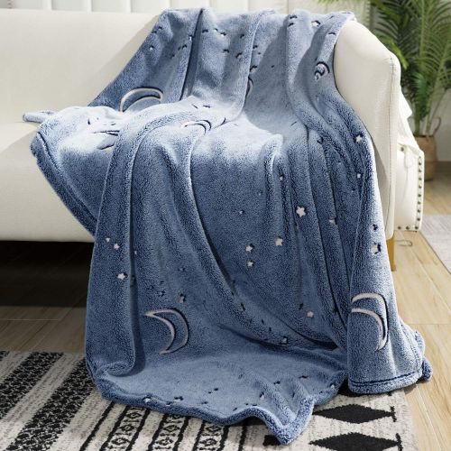  [아마존베스트]UNUN Glow in The Dark Throw Blanket, Moon and Stars Soft Warm Cozy Fuzzy Plush Blanket for Kids Teenage Boys Girls Women Best Friend Birthday Christmas (50 x 60 inches Blue)