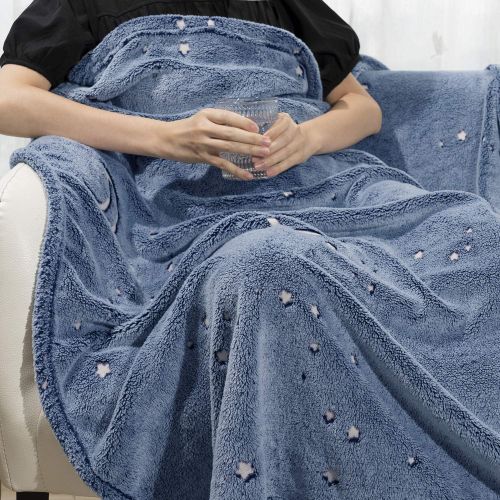  [아마존베스트]UNUN Glow in The Dark Throw Blanket, Moon and Stars Soft Warm Cozy Fuzzy Plush Blanket for Kids Teenage Boys Girls Women Best Friend Birthday Christmas (50 x 60 inches Blue)