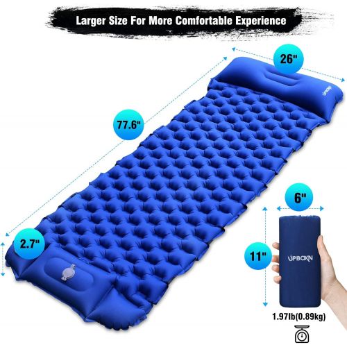  Camping Sleeping Pad Self Inflatable UPBOXN, Camping LED Light with Built-in Foot Pump Ultralight Waterproof Sleeping Mat with Pillow for Backpacking, Camp, Hiking, Travel with Car