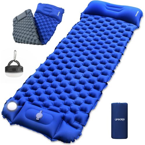  Camping Sleeping Pad Self Inflatable UPBOXN, Camping LED Light with Built-in Foot Pump Ultralight Waterproof Sleeping Mat with Pillow for Backpacking, Camp, Hiking, Travel with Car