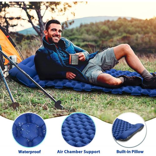  Camping Sleeping Pad Self Inflatable UPBOXN, Camping LED Light with Built-in Foot Pump Ultralight Waterproof Sleeping Mat with Pillow for Backpacking, Camp, Hiking, Travel with Car