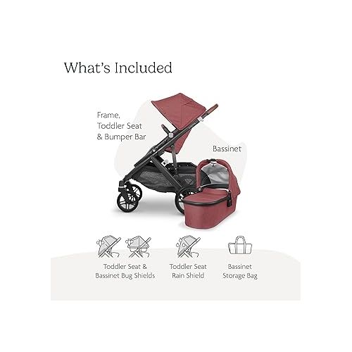  UPPAbaby Vista V2 Stroller/Convertible Single-to-Double System/Bassinet, Toddler Seat, Bug Shield, Rain Shield, and Storage Bag Included/Lucy (Rosewood Melange/Carbon Frame/Saddle Leather)