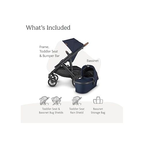  UPPAbaby Vista V2 Stroller / Convertible Single-To-Double System / Bassinet, Toddler Seat, Bug Shield, Rain Shield, and Storage Bag Included / Noa (Navy/Carbon Frame/Saddle Leather)