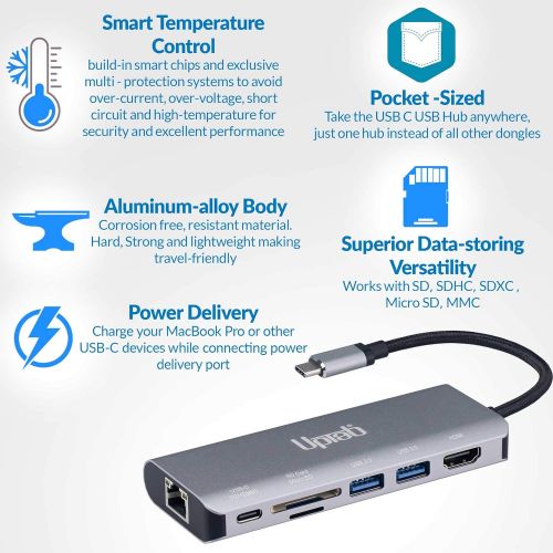  UPTab USB-C Multi-Port to HDMI 4K, 2-Port USB3.0, Card Reader, Type-C Power Delivery and Gigabit Ethernet Adapter (Graphite)