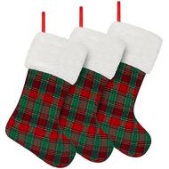 URATOT 3 Pack Christmas Stockings Buffalo Plaid Style Xmas Stockings and Plush Fur Cuff Stockings Fireplace Decorations for Family Holiday Xmas Party Decorations