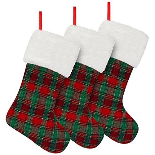  URATOT 3 Pack Christmas Stockings Buffalo Plaid Style Xmas Stockings and Plush Fur Cuff Stockings Fireplace Decorations for Family Holiday Xmas Party Decorations