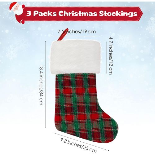  URATOT 3 Pack Christmas Stockings Buffalo Plaid Style Xmas Stockings and Plush Fur Cuff Stockings Fireplace Decorations for Family Holiday Xmas Party Decorations