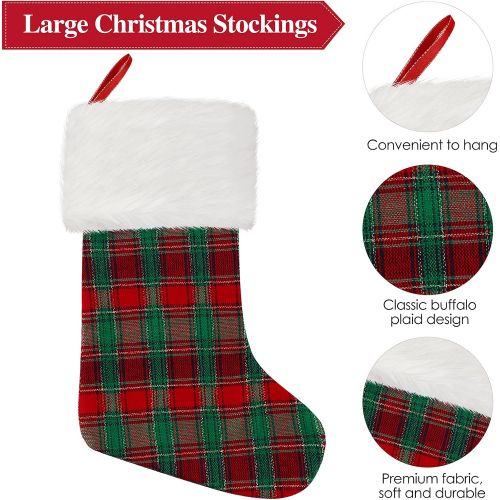  URATOT 3 Pack Christmas Stockings Buffalo Plaid Style Xmas Stockings and Plush Fur Cuff Stockings Fireplace Decorations for Family Holiday Xmas Party Decorations