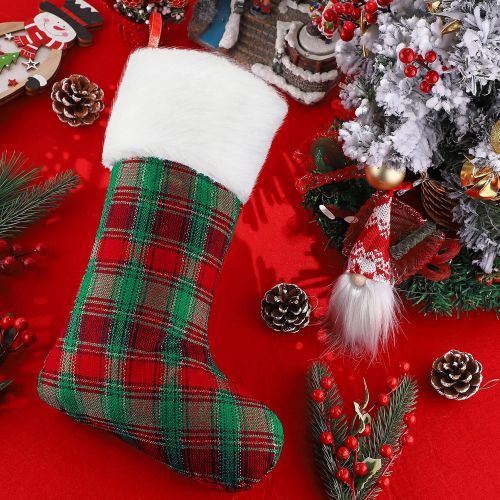  URATOT 3 Pack Christmas Stockings Buffalo Plaid Style Xmas Stockings and Plush Fur Cuff Stockings Fireplace Decorations for Family Holiday Xmas Party Decorations