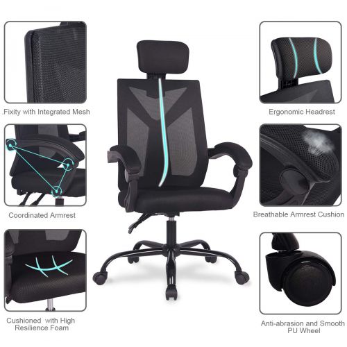  UREST Gaming Office Chair Game Racing Ergonomic Backrest and Seat Height Adjustment Computer Chair Recliner Swivel Rocker and Lumbar Tilt E-Sports Chair in Black