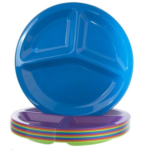 US Acrylic 10-inch Round Plastic Divided Plates | set of 12 in 4 Assorted Colors