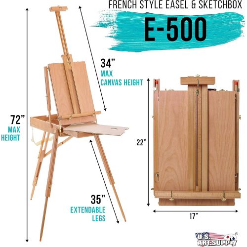  US Art Supply U.S. Art Supply Coronado Large Wooden French Style Field and Studio Sketchbox Easel with Artist Drawer, Palette, Premium Beechwood - Adjustable Wood Tripod Easel Stand for Painting