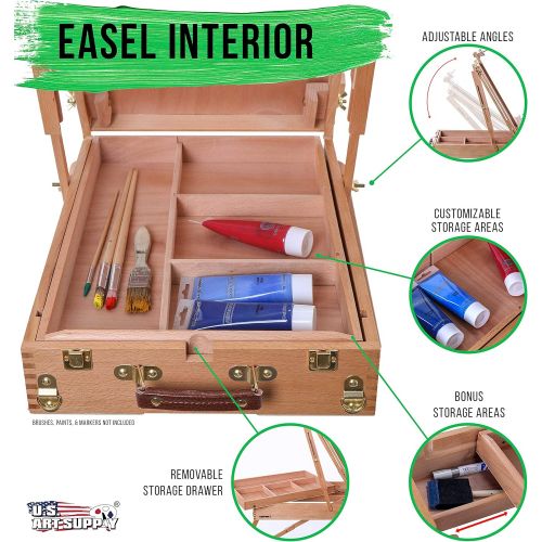  US Art Supply U.S. Art Supply Coronado Large Wooden French Style Field and Studio Sketchbox Easel with Artist Drawer, Palette, Premium Beechwood - Adjustable Wood Tripod Easel Stand for Painting