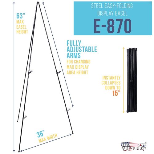  US Art Supply U.S. Art Supply 63 High Steel Easy Folding Display Easel - Quick Set-Up, Instantly Collapses, Adjustable Height Display Holders - Portable Tripod Stand, Presentations, Signs, Poste