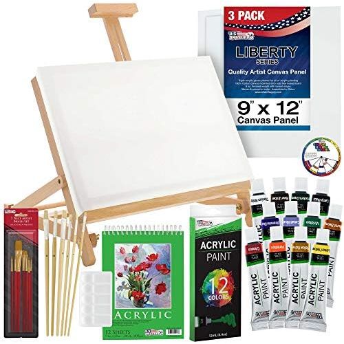  US Art Supply 33 Piece Custom Artist Acrylic Painting Set with Table Easel, Paint, Canvas and Accessories