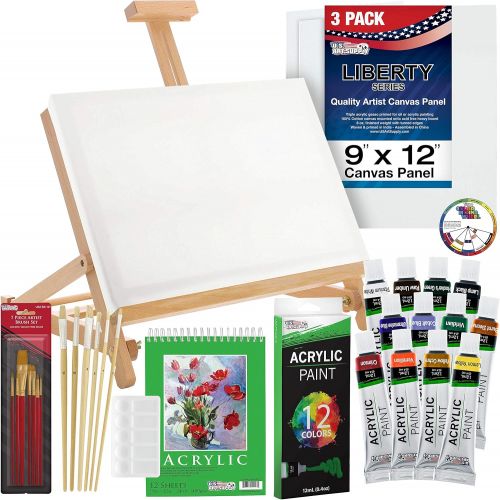  US Art Supply 33 Piece Custom Artist Acrylic Painting Set with Table Easel, Paint, Canvas and Accessories