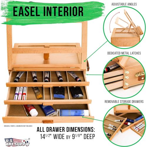  US Art Supply U.S. Art Supply Grand Solana Adjustable Wooden 3-Drawer Storage Box Easel, Premium Beechwood - Portable Wood Artist Desktop Case with Fold Down Canvas Easel Book Stand - Store Art