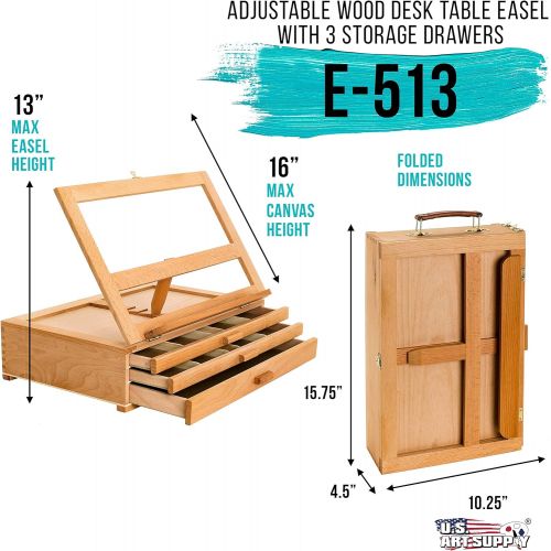  US Art Supply U.S. Art Supply Grand Solana Adjustable Wooden 3-Drawer Storage Box Easel, Premium Beechwood - Portable Wood Artist Desktop Case with Fold Down Canvas Easel Book Stand - Store Art