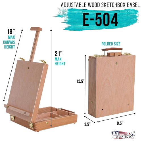  US Art Supply U.S. Art Supply Newport Small Adjustable Wood Table Sketchbox Easel, Premium Beechwood - Portable Wooden Artist Desktop Storage Case - Store Art Paint, Markers, Sketch Pad - Studen