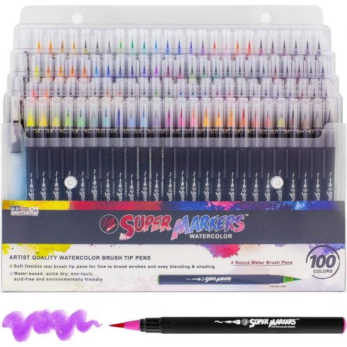  US Art Supply 100 Color Super Markers Watercolor Real Brush Pen Set with 4 Bonus Water Brush Pens - Soft Flexible Brush Tips - Fine & Broad Lines, Vibrant Colors - Coloring Books, Manga, Comic,