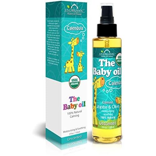  US Organic Baby Oil with Calendula, Jojoba and Olive Oil with Vitamin E, USDA Certified Organic, No Alcohol, Paraben, Artificial Detergents, Color, Synthetic Perfumes, 5 fl. Oz (Un