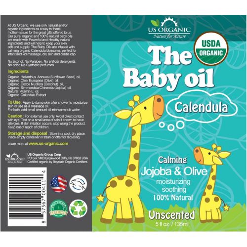  US Organic Baby Oil with Calendula, Jojoba and Olive Oil with Vitamin E, USDA Certified Organic, No Alcohol, Paraben, Artificial Detergents, Color, Synthetic Perfumes, 5 fl. Oz (Un