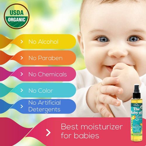  US Organic Baby Oil with Calendula, Jojoba and Olive Oil with Vitamin E, USDA Certified Organic, No Alcohol, Paraben, Artificial Detergents, Color, Synthetic Perfumes, 5 fl. Oz (Un