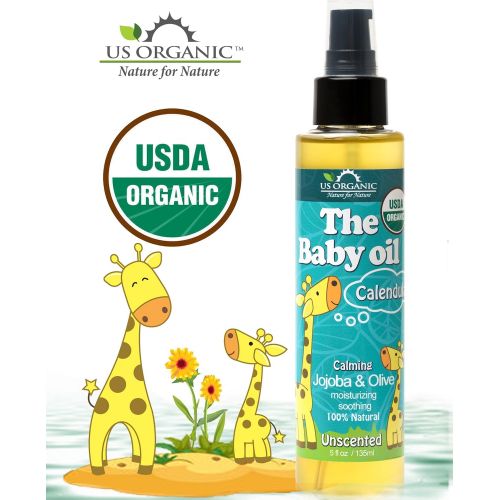  US Organic Baby Oil with Calendula, Jojoba and Olive Oil with Vitamin E, USDA Certified Organic, No Alcohol, Paraben, Artificial Detergents, Color, Synthetic Perfumes, 5 fl. Oz (Un