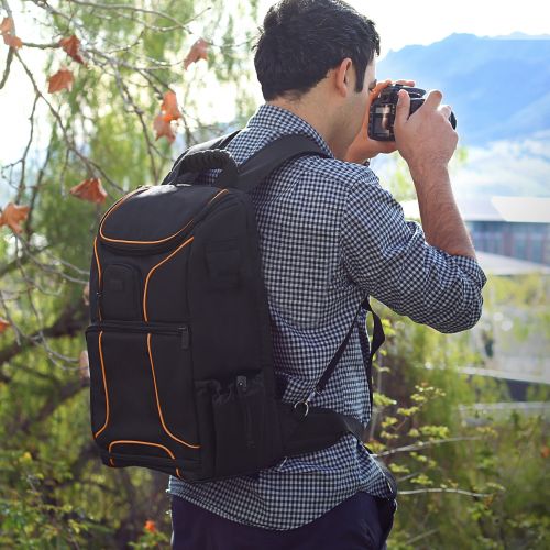  Digital SLR Camera Backpack (Orange) with 15.6 Laptop Compartment by USA Gear features Padded Custom Dividers , Tripod Holder , Rain Cover and Storage for DSLR Cameras by Nikon , C