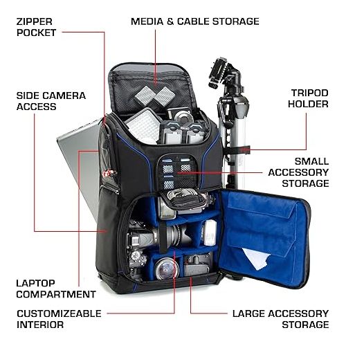  USA Gear DSLR Camera Backpack Case - 15.6 inch Laptop Compartment, Padded Custom Dividers, Tripod Holder, Rain Cover, Long-Lasting Durability and Storage Pockets - Compatible with Many DSLRs (Blue)