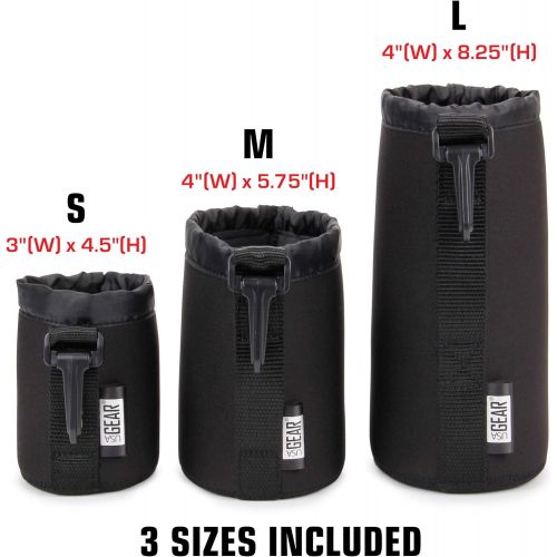  USA GEAR FlexARMOR Protective Neoprene Lens Case Pouch Set 3-Pack - Small, Medium and Large Cases Hold Lenses up to 70-300mm with Drawstring Opening, Attached Clip, Reinforced Belt