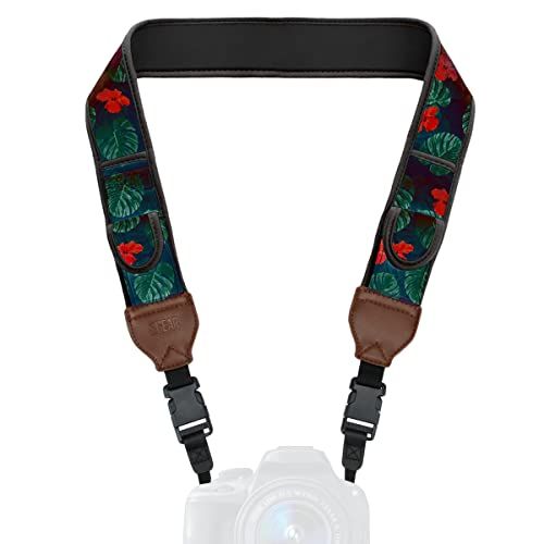  USA GEAR TrueSHOT Camera Strap with Neoprene Design, Accessory Pockets and Quick Release Buckles - Compatible with Canon, Nikon, Sony and More DSLR and Mirrorless Cameras (Tropical