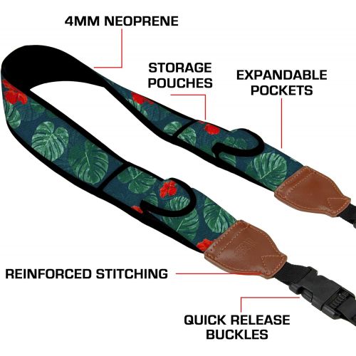  USA GEAR TrueSHOT Camera Strap with Neoprene Design, Accessory Pockets and Quick Release Buckles - Compatible with Canon, Nikon, Sony and More DSLR and Mirrorless Cameras (Tropical