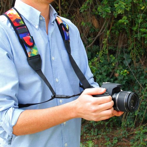  USA GEAR DSLR Camera Strap Chest Harness with Quick Release Buckles, Geometric Neoprene Pattern and Accessory Pockets - Compatible with Canon, Nikon, Sony Point and Shoot and Mirro