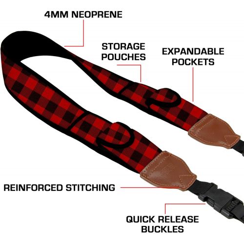  USA GEAR TrueSHOT Camera Strap with Neoprene Design, Accessory Pockets and Quick Release Buckles - Compatible with Canon, Nikon, Sony and More DSLR and Mirrorless Cameras (Red Plai